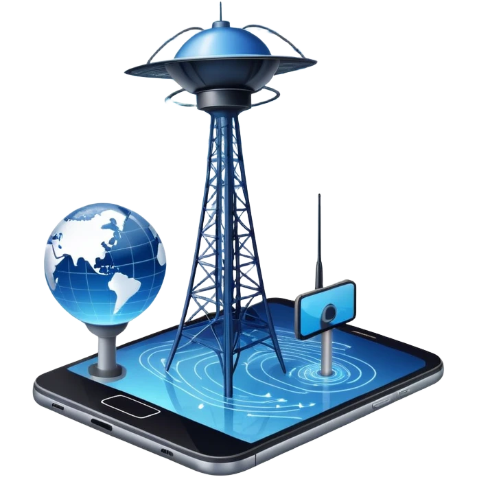 An icon featuring a satellite dish, a cell tower emitting signals, and a smartphone displaying a chat interface. The design includes fiber-optic cables and data waves, symbolizing global communication, connectivity, and information exchange. Transparent background. emoji