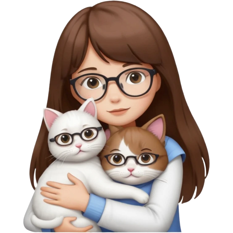 Cute girl brown hair have bangs and glasses hugging white cat emoji