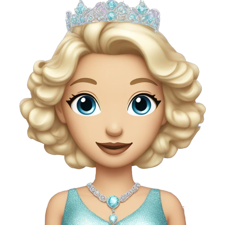 Gorgeous pastel Lady with blue eyes in a sparkly shiny dress with tiara and necklace and flowers behind her and trending  emoji