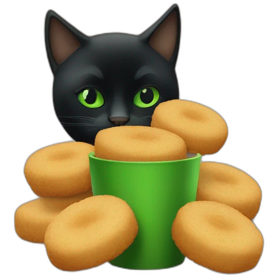 Chat noir au yeux vert qui mange des croquettes  emoji