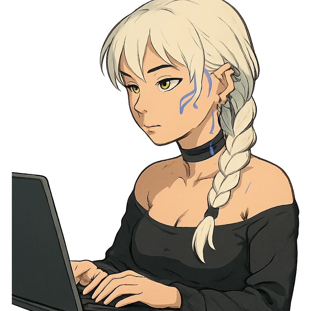  she is sitting at a laptop typing, a closeup portrait of young woman with gold yellow eyes, white hair, long braid, black off-shoulder top d-cup, punk gothic style, futuristic cyberwave cyberpunk, sitting position
 emoji