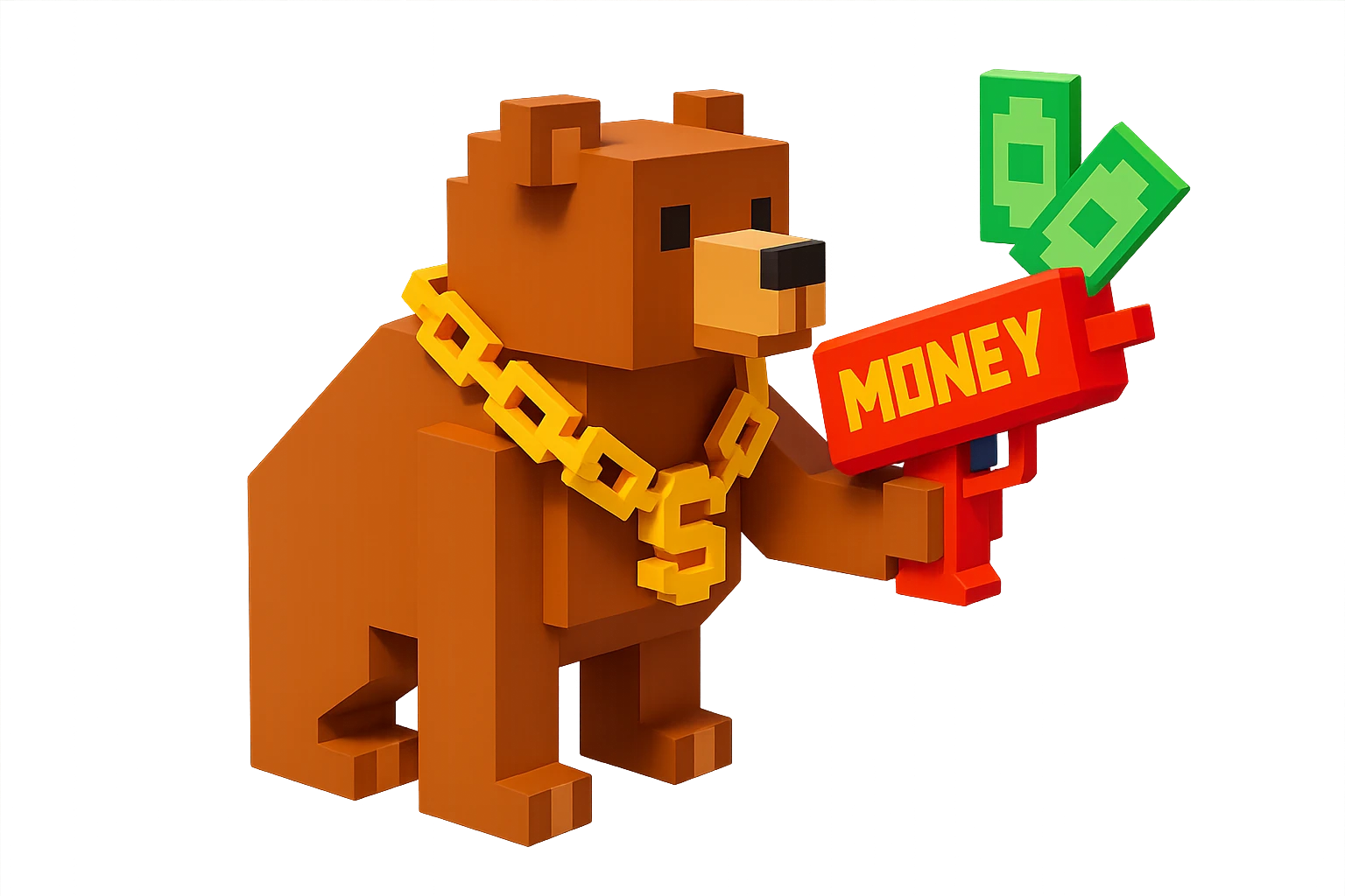 A grizzly bear with a chain and a money gun, voxel style, facing left emoji