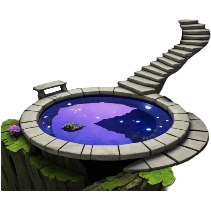 Crashed Alien saucer pool-saucerhouse jungle winding staircase lakeside mountainside-island getaway haunted nighttime landscape antique mudman very old broken cracked intricate Stone Age lapis-crusted irregular dodecagon-shaped shallow dark moss rough bark violet flowered maple tree bonsai emoji