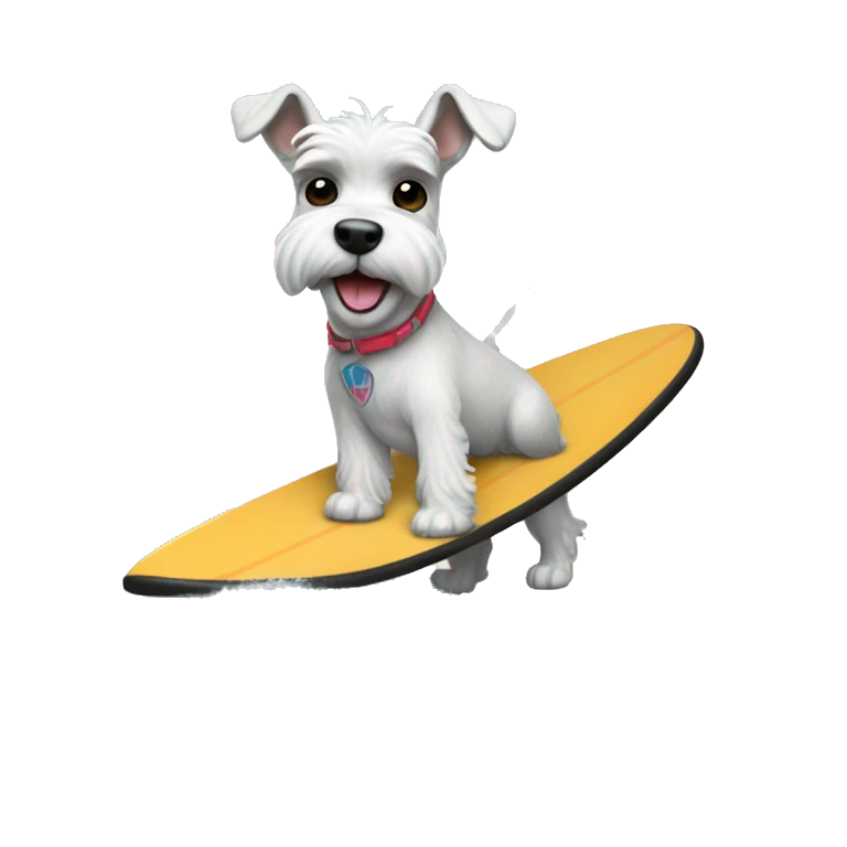 White fun schnauzer riding surf board emoji