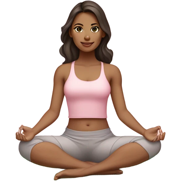 Dark brown long hair and green eyes yoga beautiful girl in light pink pink pink clothes sitting on a yoga mat emoji