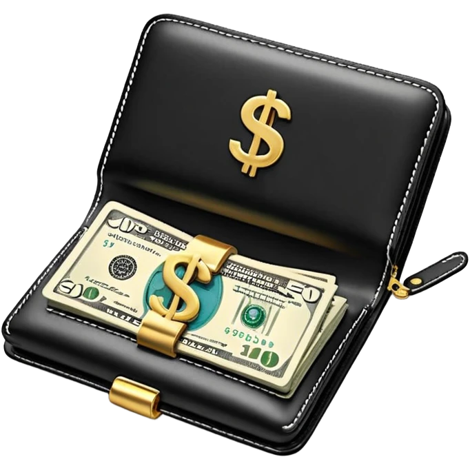 Rich emoji style black leather wallet with dollar bills, luxury money vibe, premium 3D emoji, ultra clean, high detail, no background
 emoji