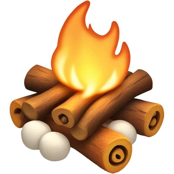 Illustrate a whimsical emoji of a cozy campfire with a happy face in the flames, surrounded by tiny roasting marshmallows on sticks emoji