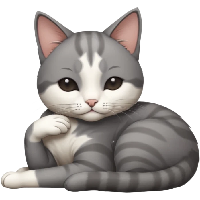 dark grey and white small cat with his eyes closed, leaning his head on his paw while leaning on his elbow lying down emoji