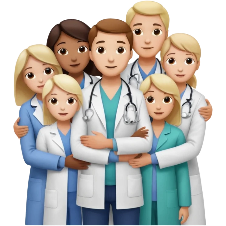 smedico abraçando varios pacientes, ele usando jaleco, e os pacientes usando roupas comuns emoji
