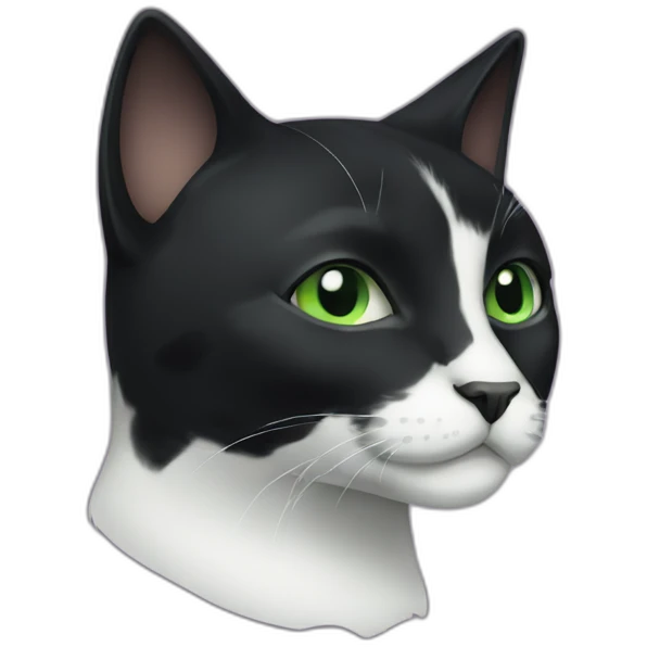 A black cat with green eyes with a white mustache and white spots emoji