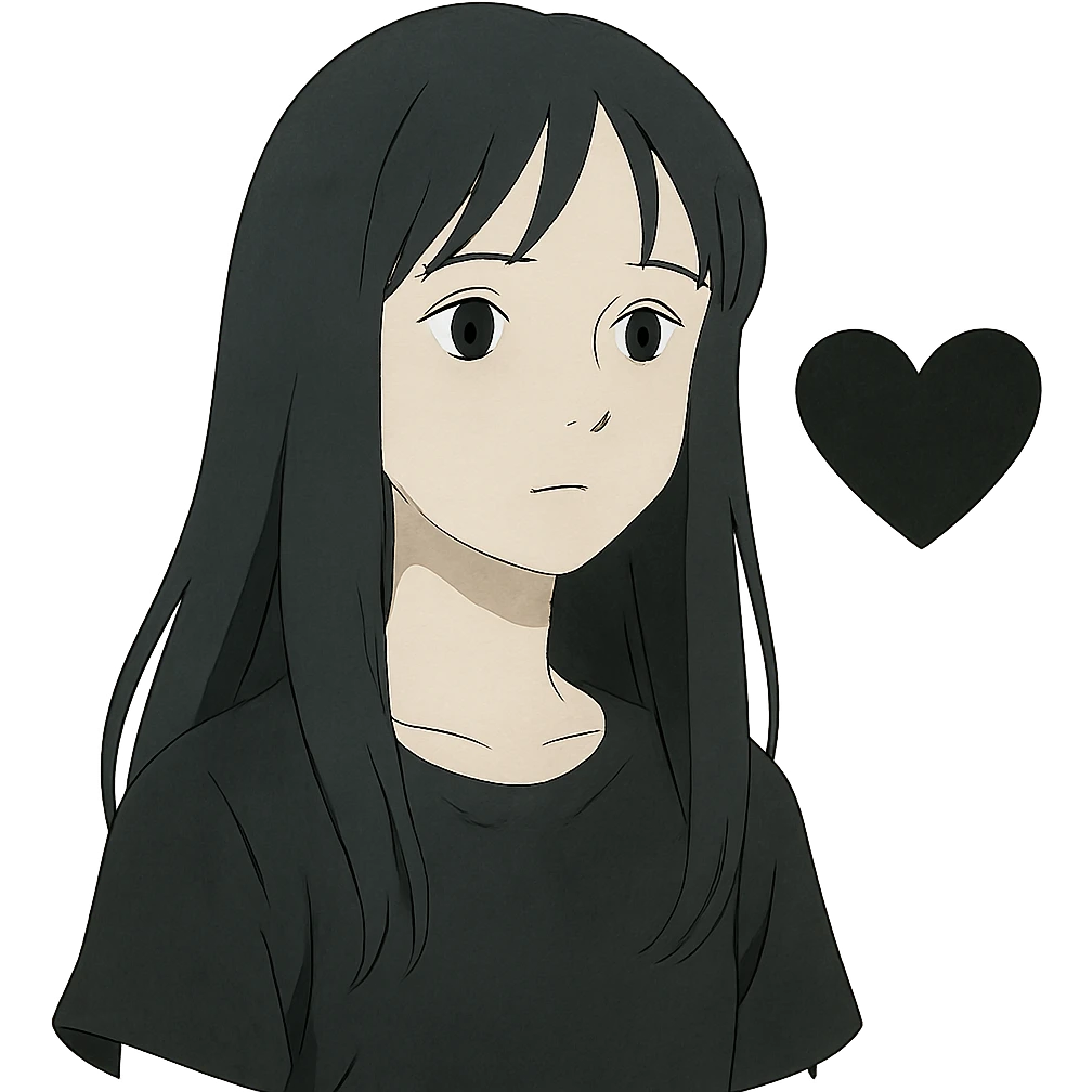 ghibli style pale girl with long black hair and a black heart emoji