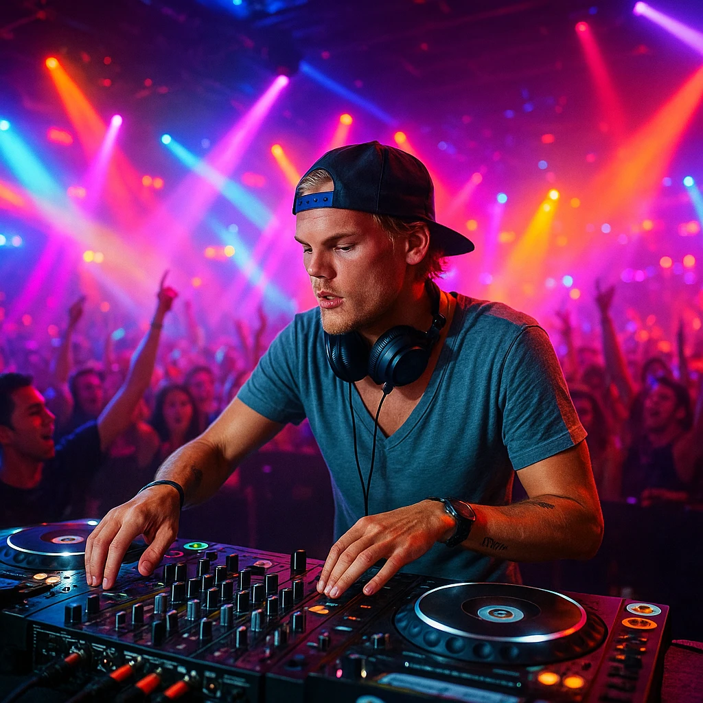 Avicii, DJ at turntables, vibrant club scene, dynamic lighting emoji