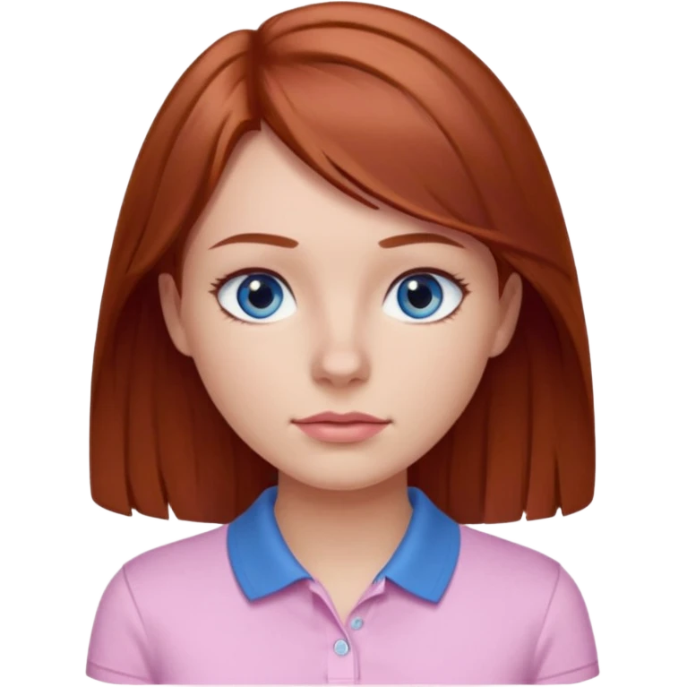 Create emojis of a girl with light brown / dark red hair slightly wavy below the shoulder. Her eyes are gray-blue, her nose is small and straight, and her lips are pink and small. Eyes with long eyelashes. The polo shirt is white. The emoji itself is up to chest level. emoji
