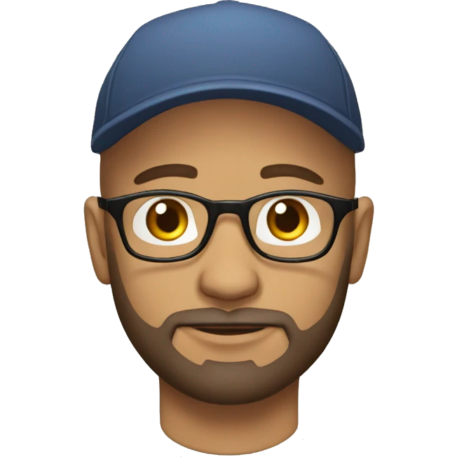 Bald 35 year old man with beard, round brown glasses, cap on backways emoji