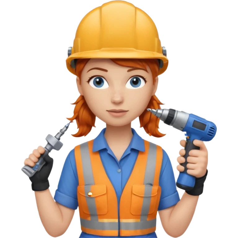 A ginger haired girl blue eyes, handyman Outfit, wearing a Helmet, with drill emoji