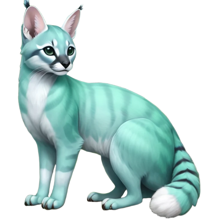 Colorful dark realistic tropical iridescent pale light jade-green, mint-blue, whitish pastel white glorious divine exotic cute cool beautiful shiny beautiful fantasy-caracal-civet-genet-sergal-vernid-Cacomistle-Trico-oncilla-animal-Fakémon-hybrid-fursona (full body) emoji