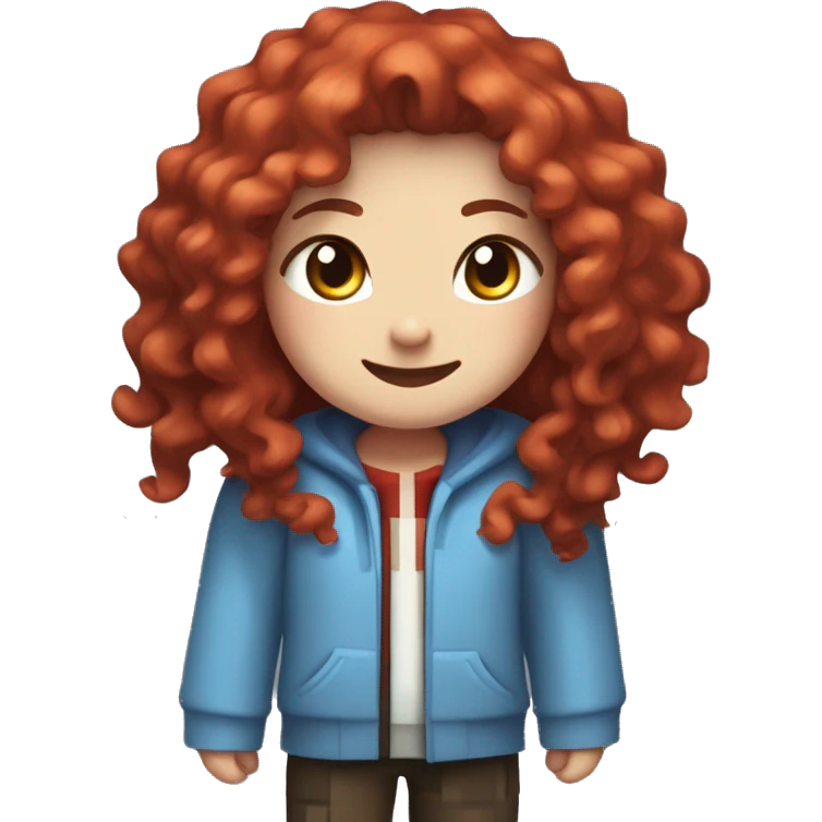 a white girl with long red curly hair and freckles, wearing periwinkle Minecraft hoodie playing a videogame smiling emoji