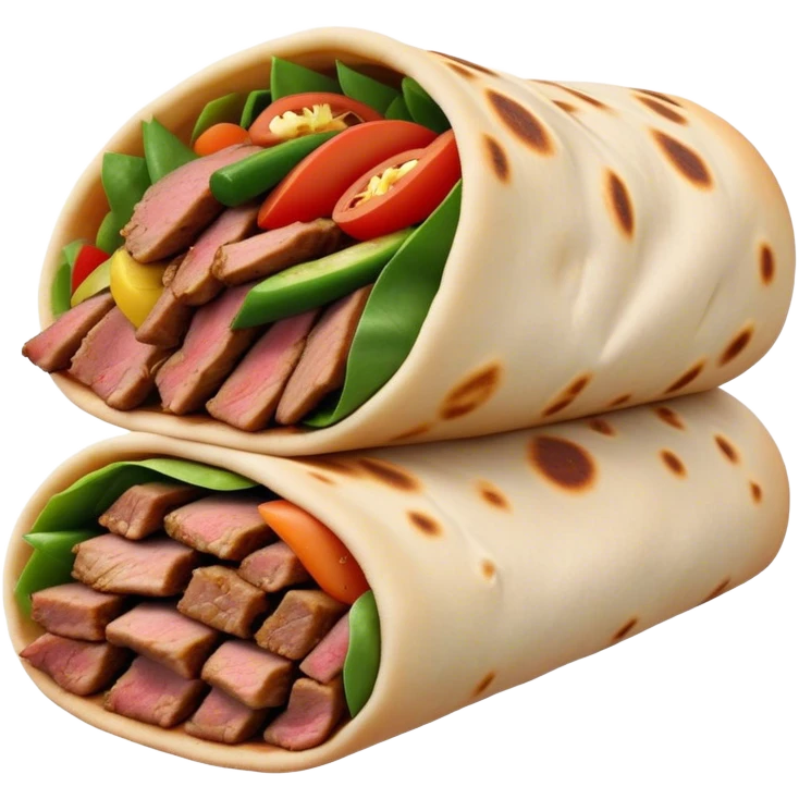 Cinematic Realistic Shawarma Dish Emoji, showcasing spiced, succulent meat wrapped in flatbread with fresh vegetables rendered with lifelike detail and dynamic, appetizing lighting. emoji