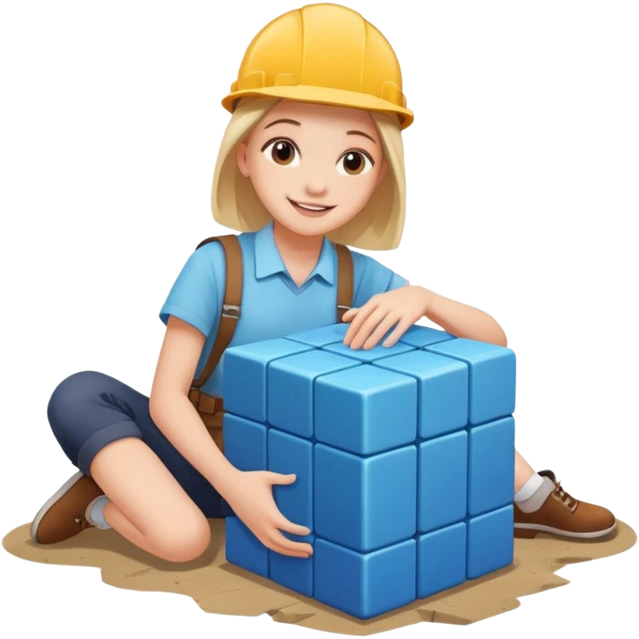 Стдуент, который аккуратно и с улыбкой ставит большой кубик на землю, словно строит фундамент. Ощущение безопасности и начала пути. emoji