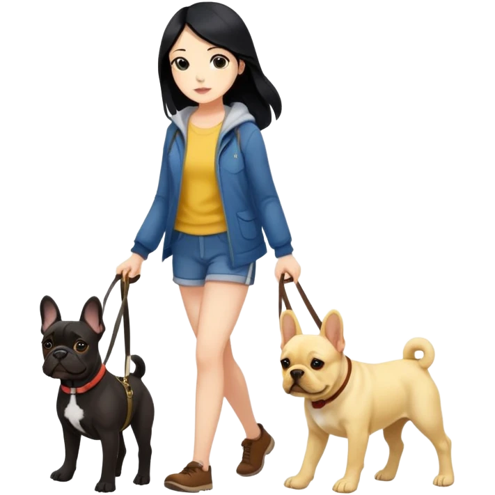 Long black hair - girl walking with dark brown french bulldog and labrador emoji