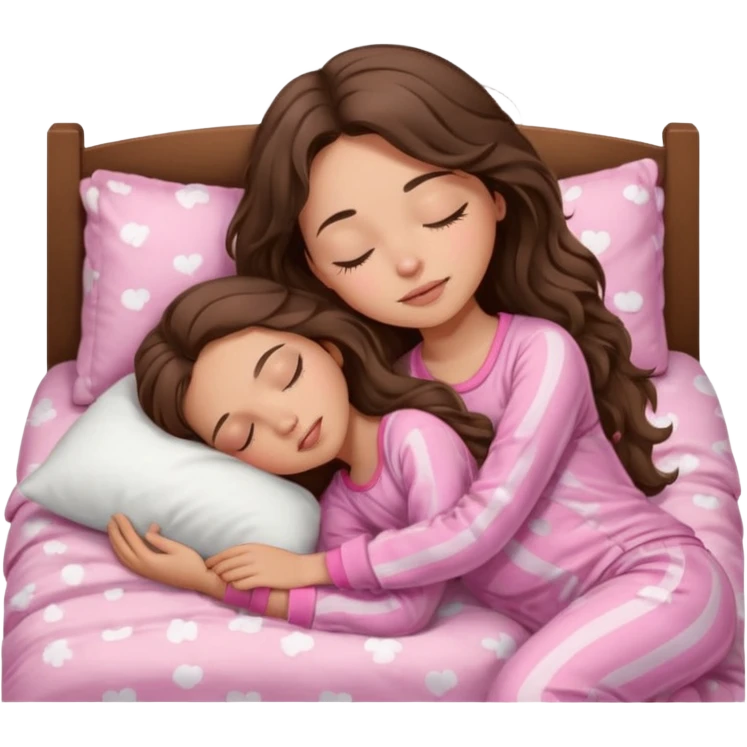 Brunette girl with long wavy brown hair with brown eyes and sleeping on a withe bed with cute pink pjs (just one girl) and with closed eyes emoji