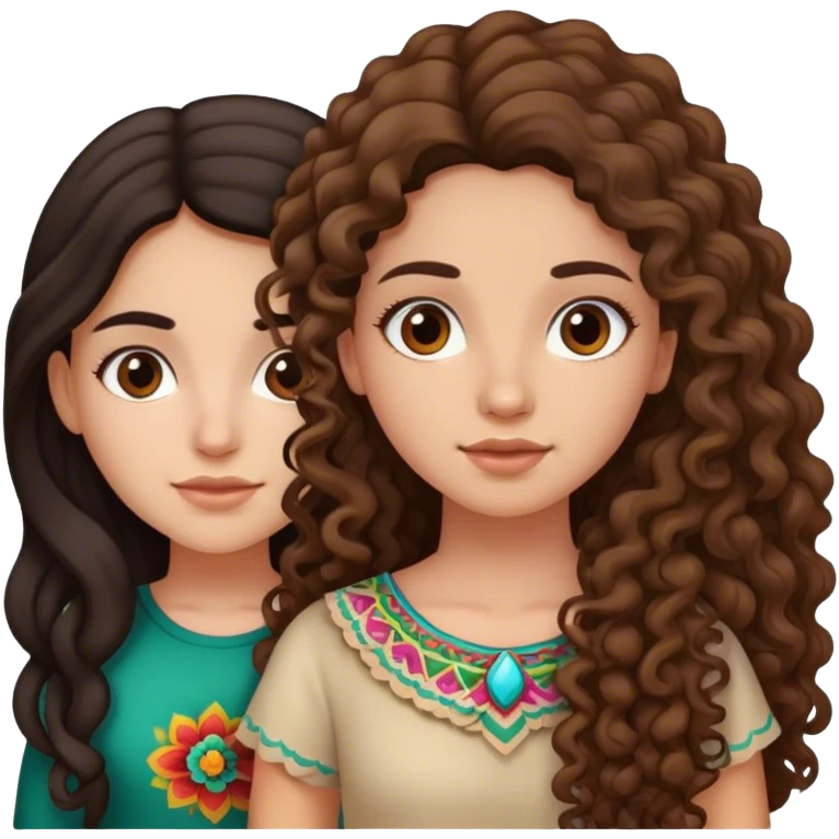 Mexican girl with long kinda curly hair and another girl but white skin and straight light brown hair emoji