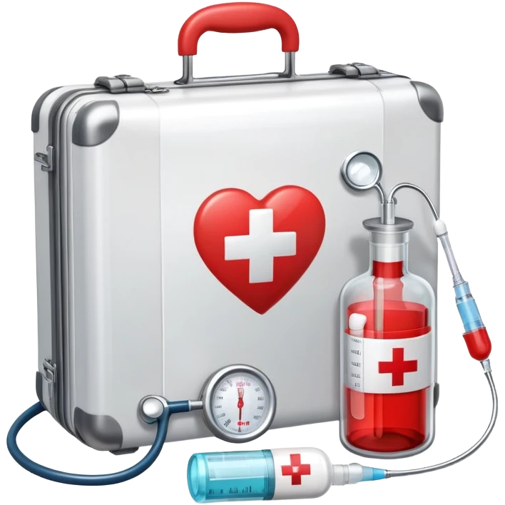 An icon featuring a medical suitcase with a red cross, a bottle of pills, a stethoscope, and a syringe, symbolizing medicine. The design includes a thermometer, bandages, and a heart monitor, representing healthcare and medical treatment. Transparent background highlights the science of healing. emoji