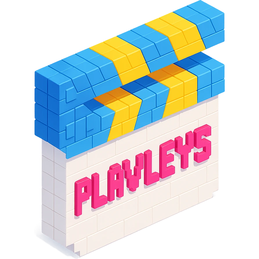 voxel style movie clapperboard, white body, blue and yellow lid, pink text 'PLAVLEYS', isometric view emoji