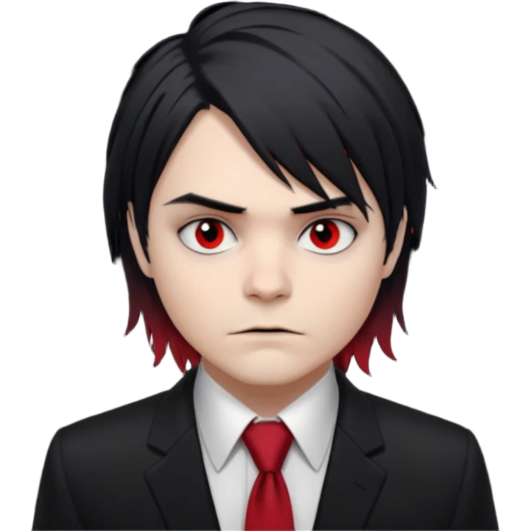 Gerard Way (Revenge Era)
Round, simplified emoji style
Pale skin tone
Jet-black, shoulder-length hair messy and emo
Heavy eyeliner and slight red shadow under the eyes
Subtle serious
Hint of red tie visible on black button up shirt.
Transparent background. Black eyeliner. Messy emo hair emoji