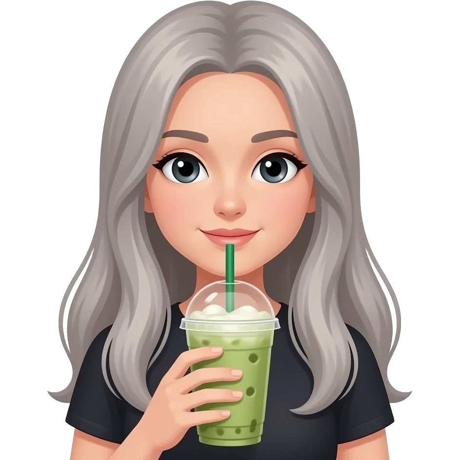 Iced matcha latte with a rich black eyes, long grey haired girl holding it emoji