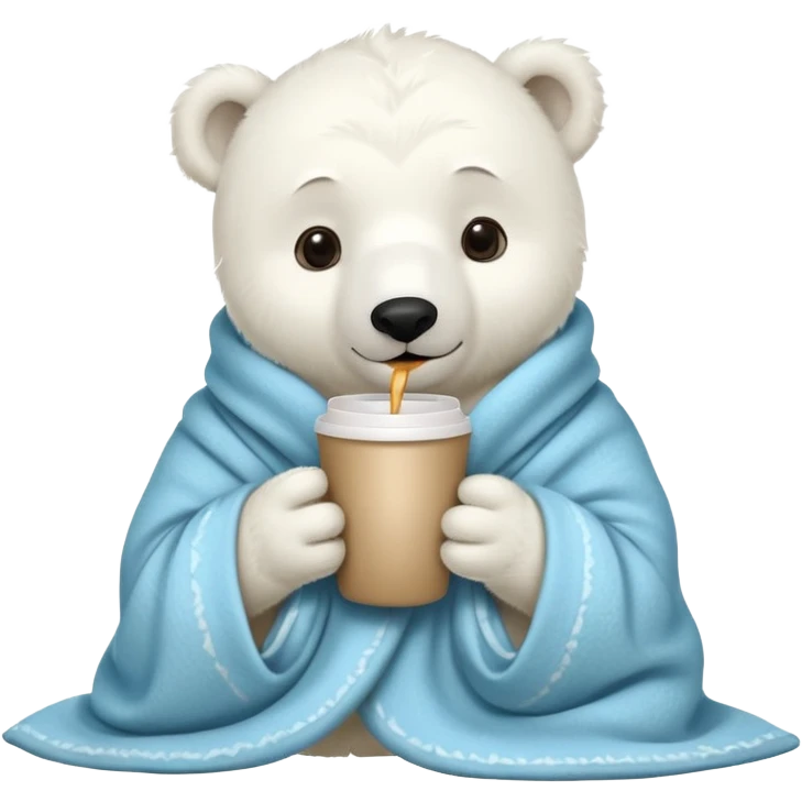 baby white polar in cozy blanket, drink coffee emoji