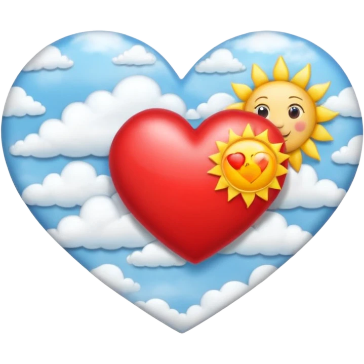 heart with a sun and clouds, silver bow with heart pattern on the bow, apple emoji style emoji