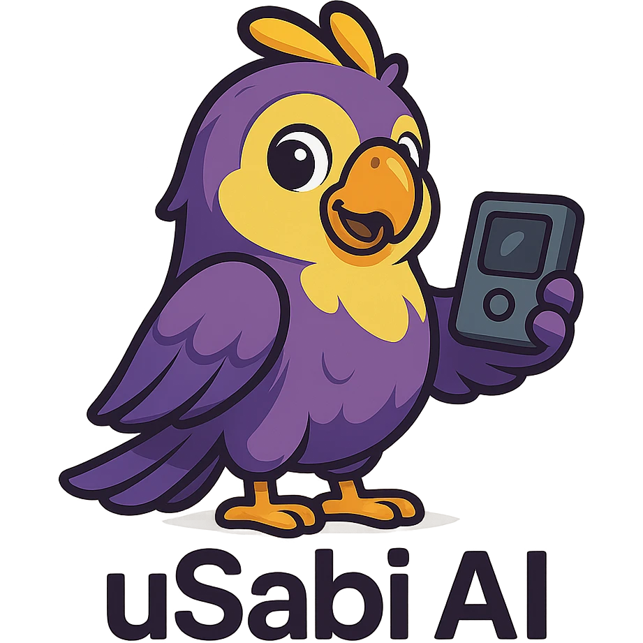 cute Nigerian parrot mascot for 'uSabi AI' with purple and yellow plumage, holding a small gadget, modern, techy, and fun style emoji