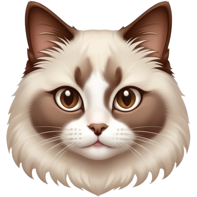 Cinematic Adorable Chocolate-Point Ragdoll Cat Portrait Emoji, Head tilted cutely with big, sparkling eyes, sleek brown and white tones with a sweet white nose, Simplified yet irresistibly adorable features, highly detailed, glowing with a soft, warm glow, high shine, affectionate and playful, stylized with a touch of whimsy, bright and endearing, soft glowing outline, capturing the essence of a curious and loving kitten, so cute it feels like it could leap out of the screen and snuggle up for a cuddle! emoji