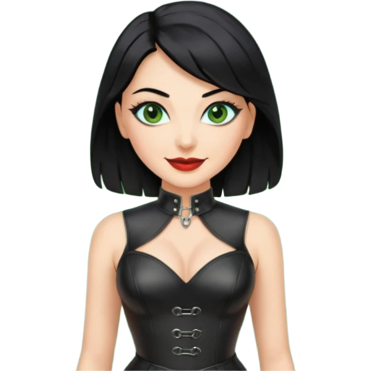 🕵🏻‍♀️💦🧥 black hair , green eyes ,dominatrix dress , laughing  emoji