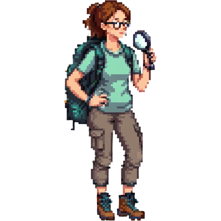Very happy excited woman in her 40s with glasses wearing sporty outfit, hiking boots, and backpack, holding a magnifying glass emoji