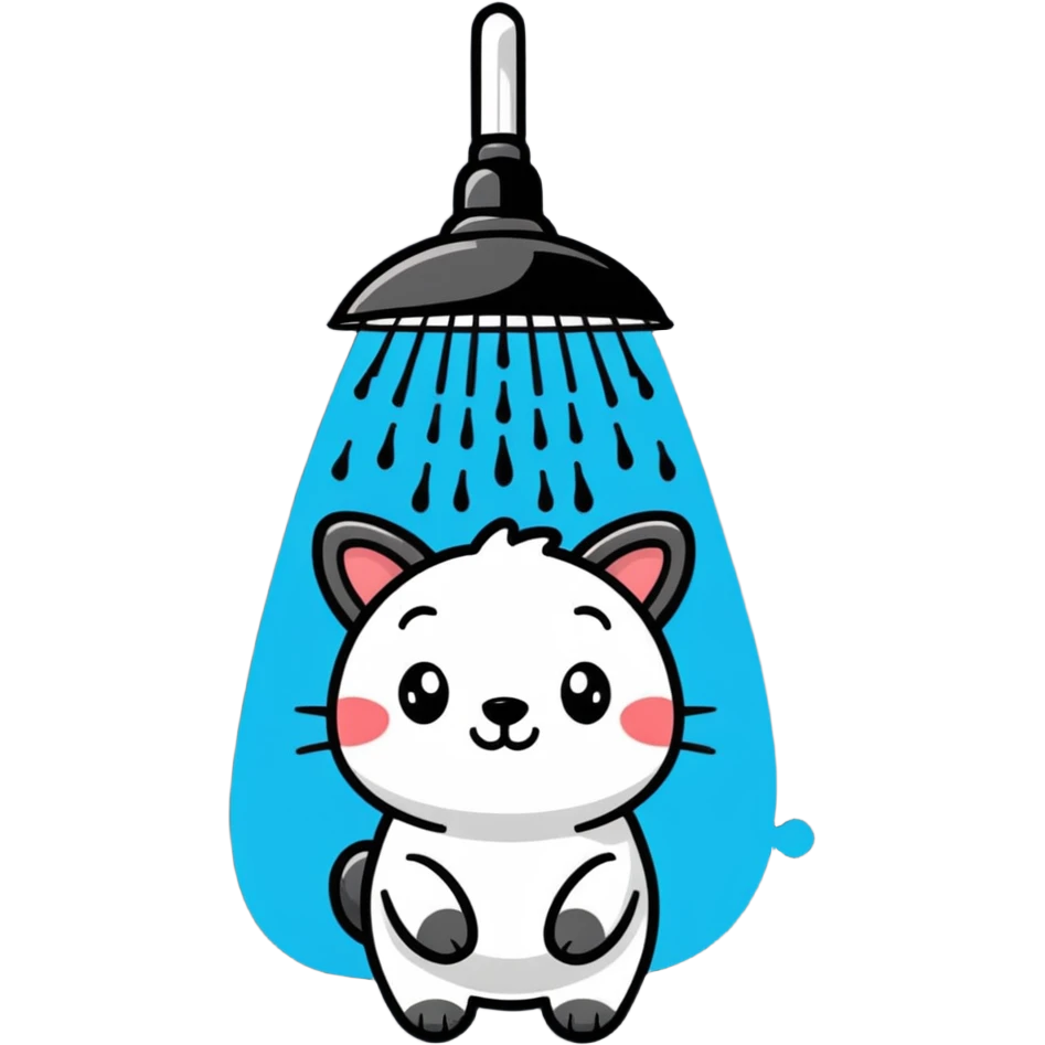 a cute animal under a showerhead with water droplets emoji