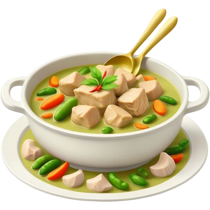 Green Chicken Curry Cinematic Realistic Green Chicken Curry Dish Emoji, depicted as tender chicken chunks simmered in a fragrant green curry sauce with vegetables, rendered with vivid textures and dynamic, vibrant lighting. emoji