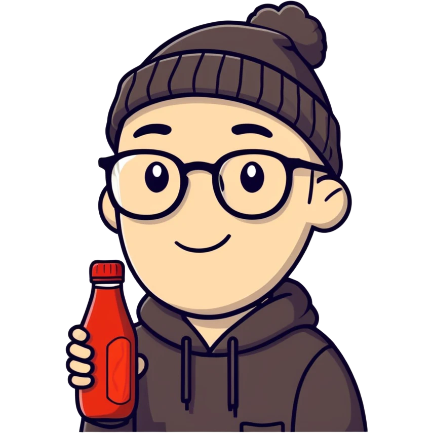white guy with glasses, wearing a black beanie, no eyebrows, holding a bottle of ketchup emoji