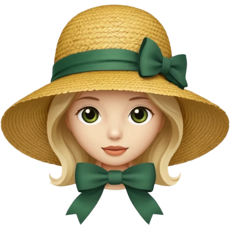 light beige women's straw hat with large brim and dark green bow emoji