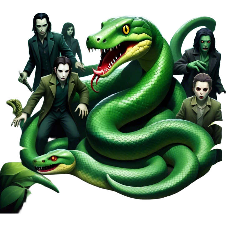 Thriller Movie Icon: A dramatic, close-up collage with sinister villains, a slithering anaconda, and zombie figures emerging from the shadows. Dark and moody atmosphere with eerie lighting, tension-filled elements, among jungle. Transparent background. emoji