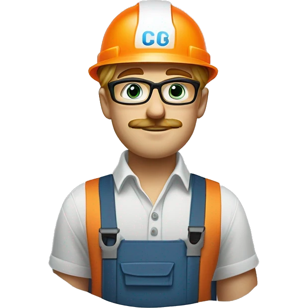 skinny blonde young man, large lips, no beard but with mustache, muted blue/green eyes, glasses, wearing white hard hat that says ”gmc” in orange letters, orange safety vest, muted blue shirt emoji