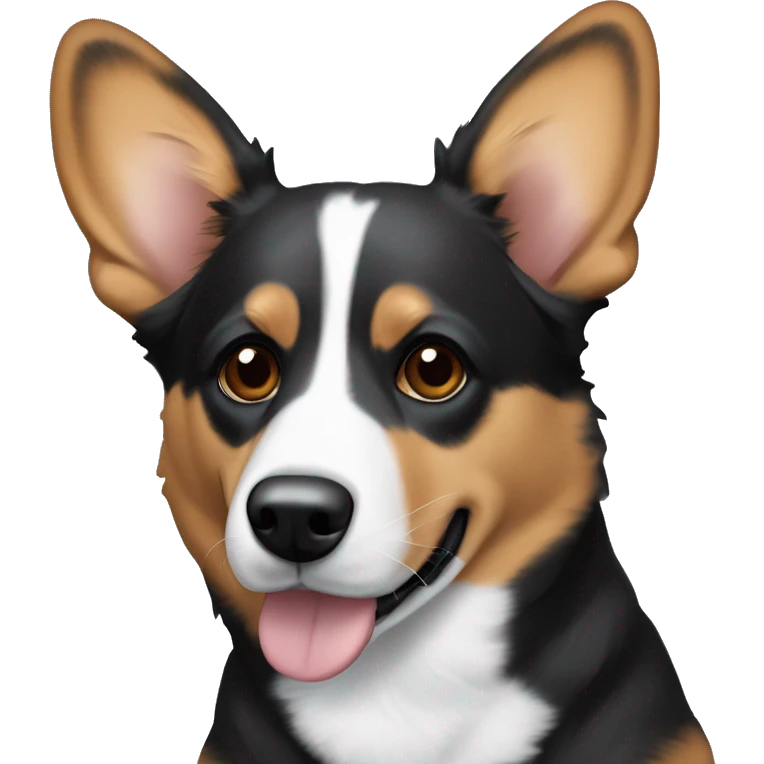 A dog, mix of corgi and blue heeler, colors are black with black and white on paws and little dots on paws, white streak along the nose, brown inside of the ears emoji