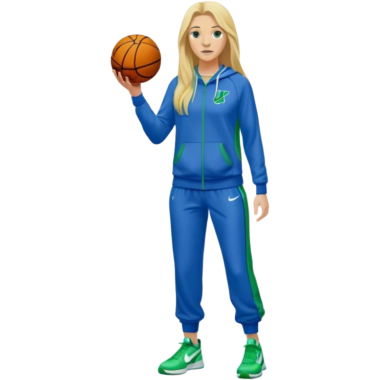 Full Body white female basketball head coach with long blonde hair in a blue and green Nike sweatsuit emoji