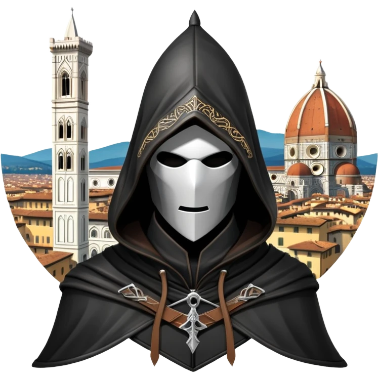 icon featuring Assasin's Creed in an iconic assassin's hood, standing tall against the backdrop of Florence. The design captures the essence of adventure, with intricate details of historical architecture and a sense of mystery. The character is poised, ready for action. transparent background. emoji