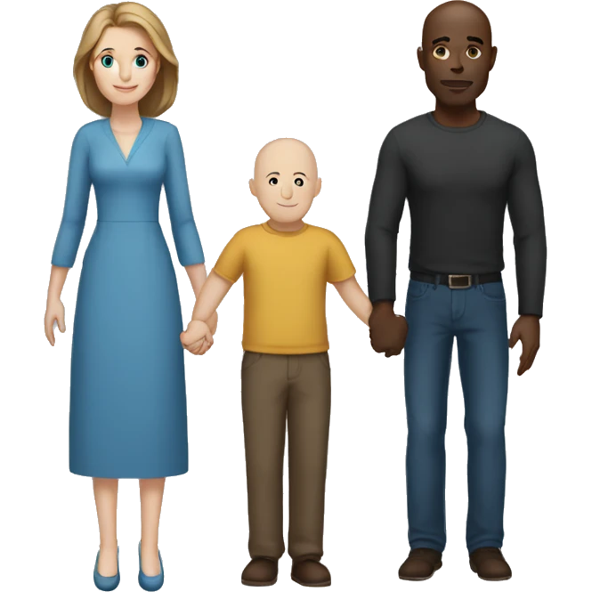 Tall bald black man holding hands with a white woman with long brown-hair and blue eyes emoji