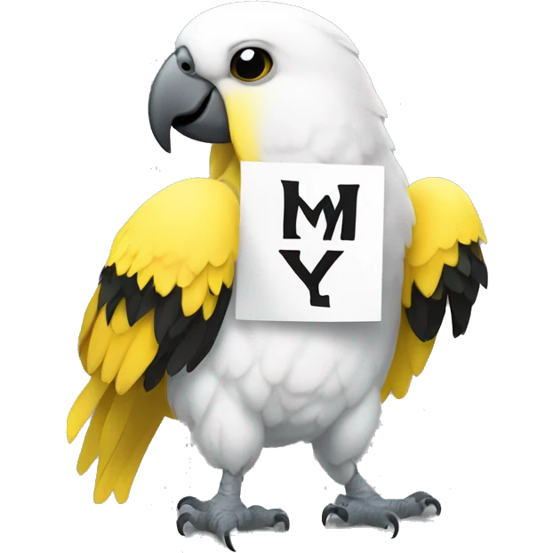 white and yellow parrot  holding a sign with the black inscription i love you emoji