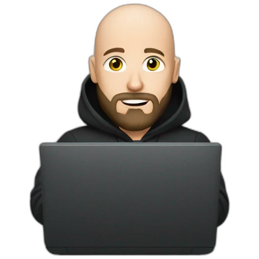 bald white man with a black beard typing on apple computer wearing a black hoodie emoji
