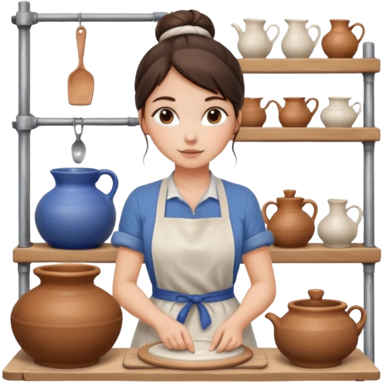 Brunette girl with bun, behind pottery wheel emoji