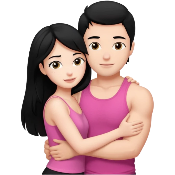 a pretty bratz fair girl. black hair, wearing a pink cami top, she is hugging a handsome fair guy with black hair. lean but muscular.the boy is wearing a black tshirt emoji